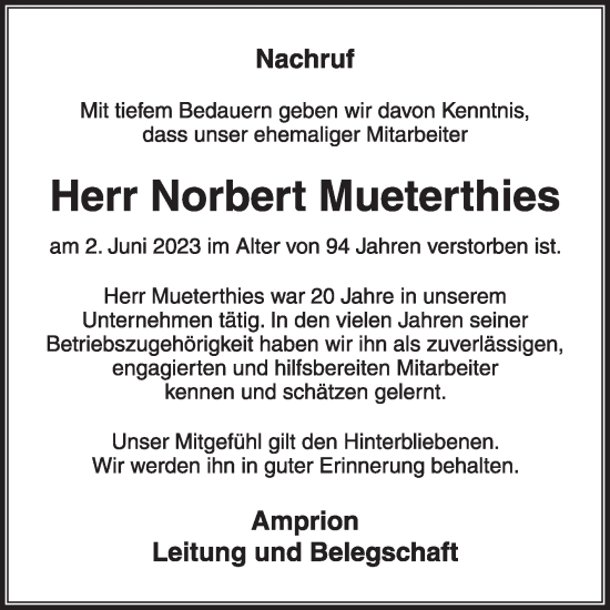 Traueranzeige von Norbert Mueterthies von Die Glocke