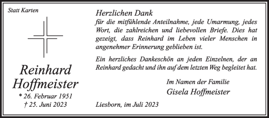 Traueranzeige von Reinhard Hoffmeister von Die Glocke