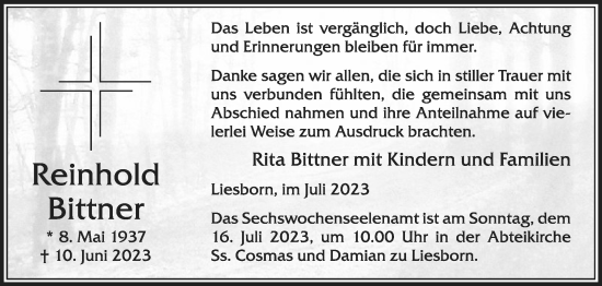 Traueranzeige von Reinhold Bittner von Die Glocke