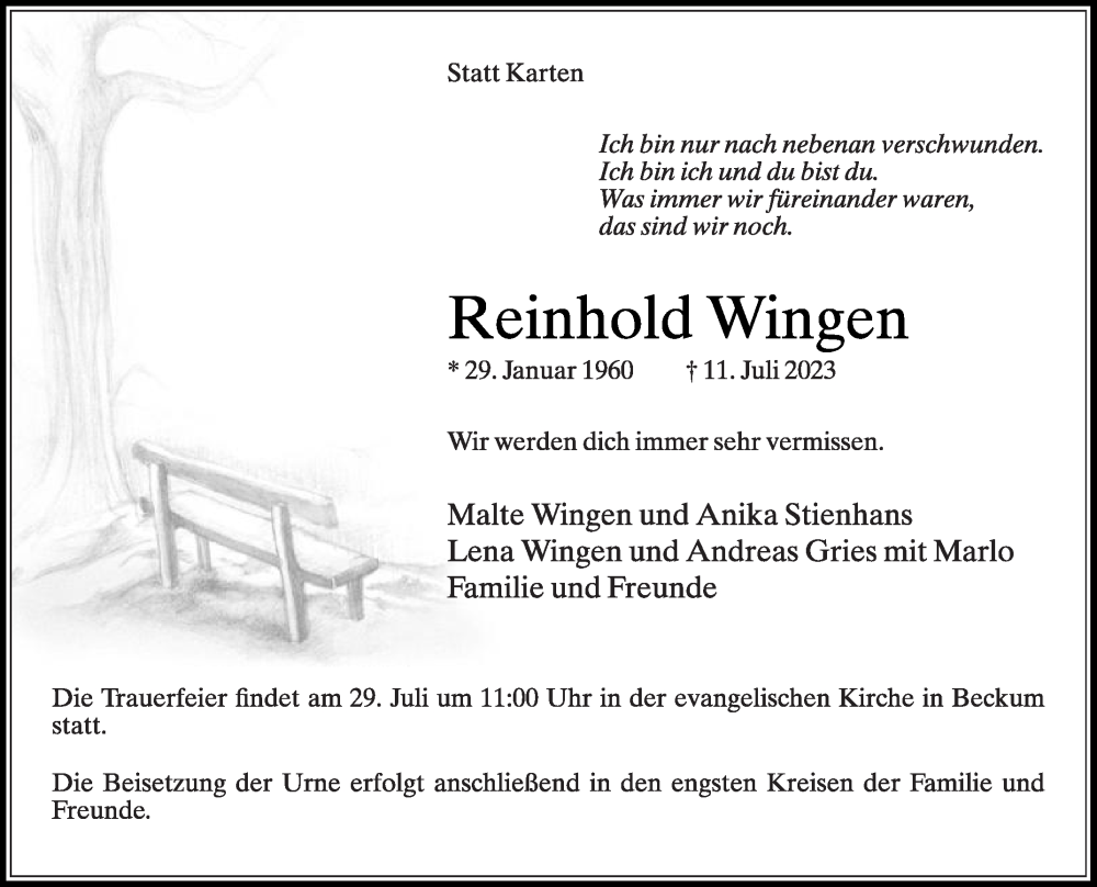  Traueranzeige für Reinhold Wingen vom 22.07.2023 aus Die Glocke