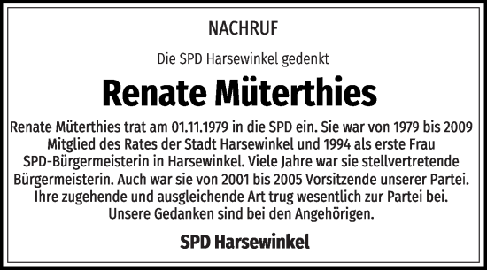 Traueranzeige von Renate Müterthies von Die Glocke