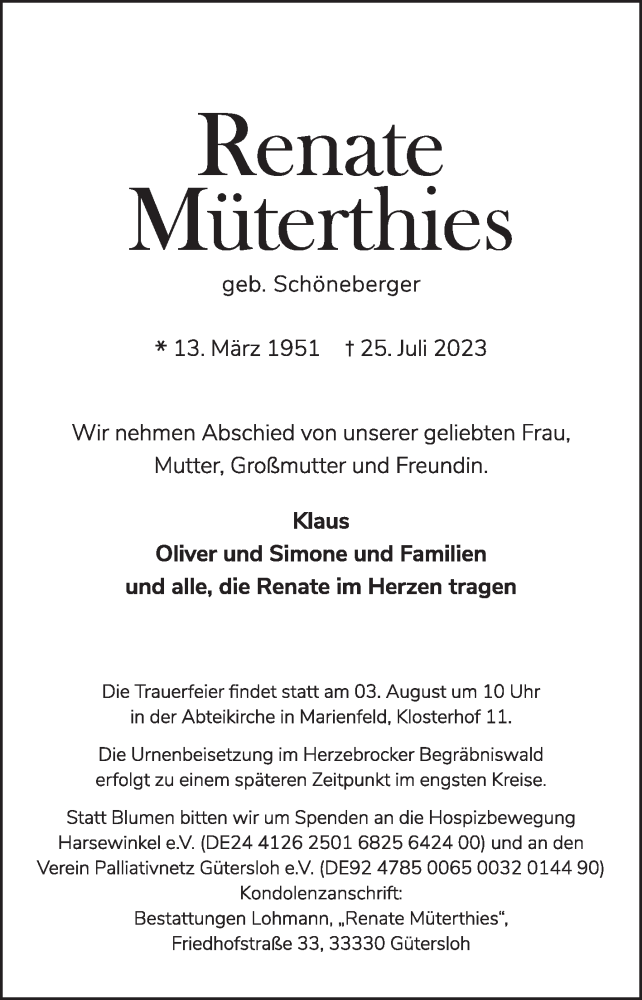  Traueranzeige für Renate Müterthies vom 29.07.2023 aus Die Glocke
