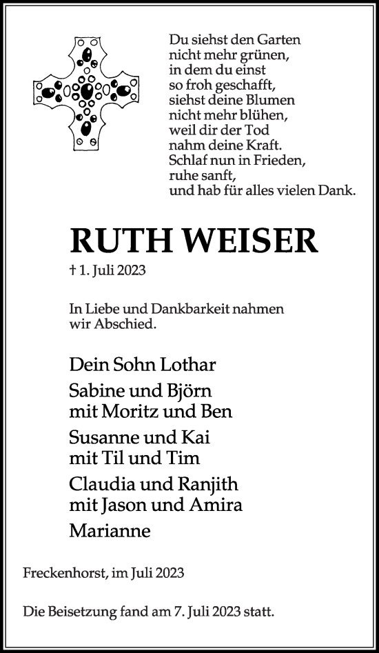 Traueranzeige von Ruth Weiser von Die Glocke