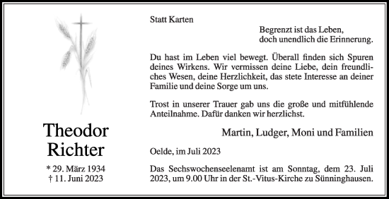 Traueranzeige von Theodor Richter von Die Glocke