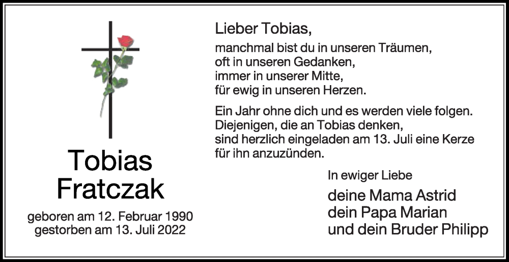  Traueranzeige für Tobias Fratczak vom 13.07.2023 aus Die Glocke