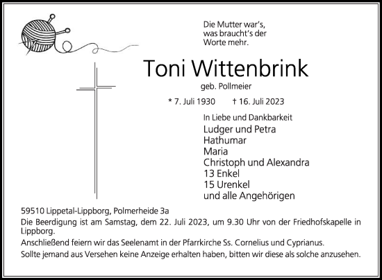 Traueranzeige von Toni Wittenbrink von Die Glocke