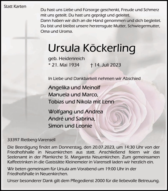 Traueranzeige von Ursula Köckerling von Die Glocke