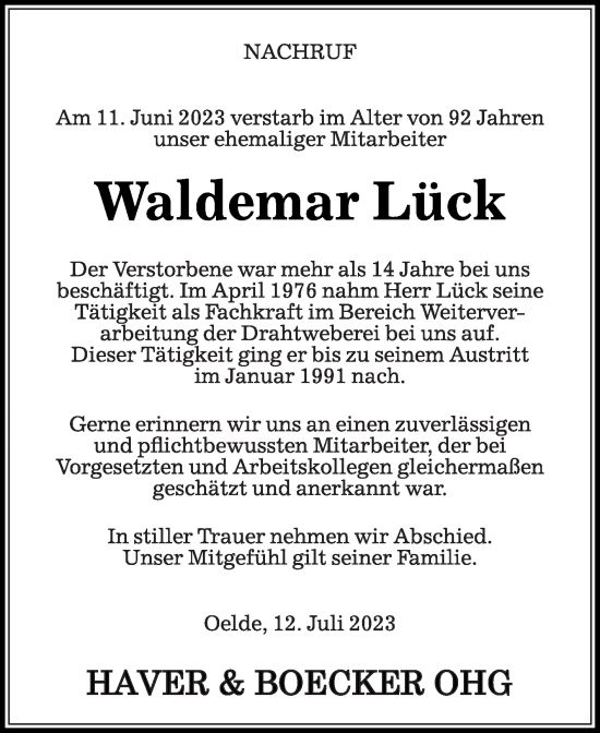 Traueranzeige von Waldemar Lück von Die Glocke