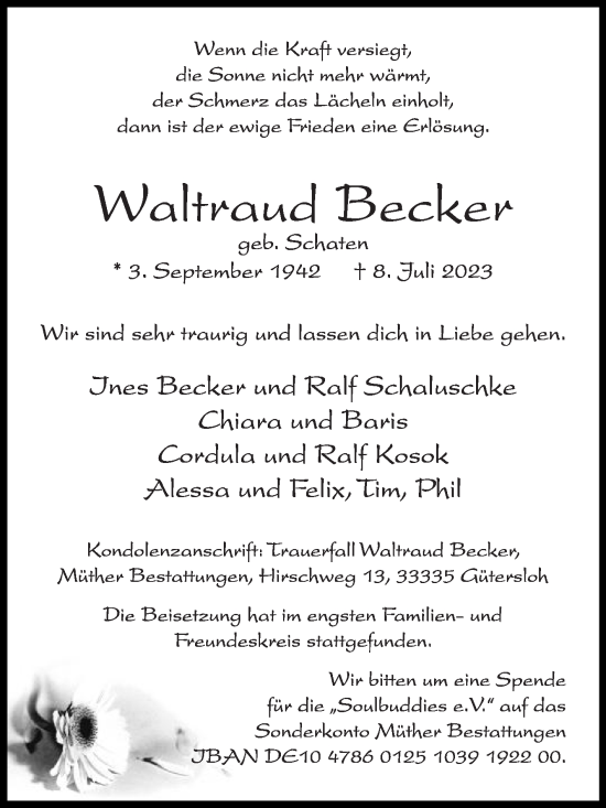 Traueranzeige von Waltraud Becker von Die Glocke
