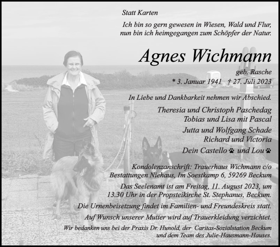 Traueranzeige von Agnes Wichmann von Die Glocke