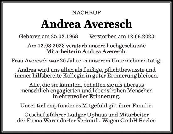 Traueranzeige von Andrea Averesch von Die Glocke