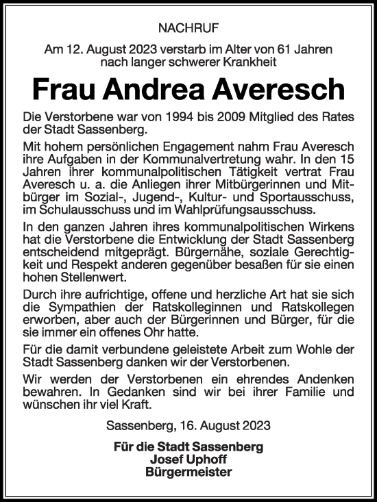 Traueranzeige von Andrea Averesch von Die Glocke