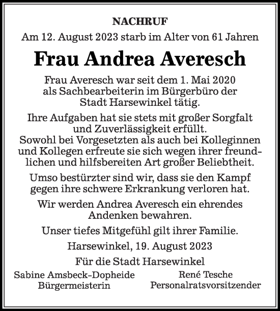 Traueranzeige von Andrea Averesch von Die Glocke