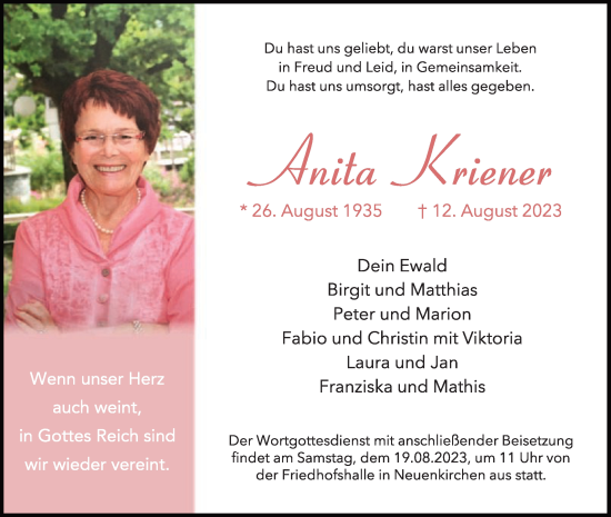 Traueranzeige von Anita Kriener von Die Glocke