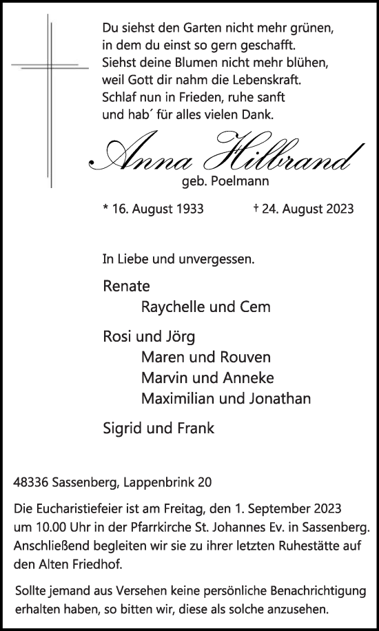 Traueranzeige von Anna Hildebrand von Die Glocke