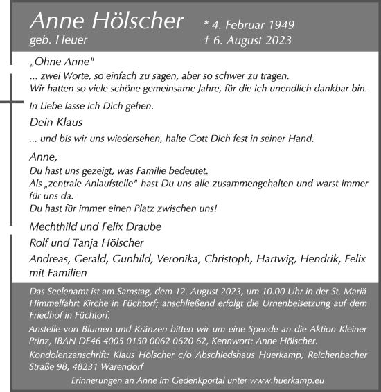 Traueranzeige von Anne Hölscher von Die Glocke