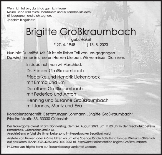 Traueranzeige von Brigitte Großkraumbach von Die Glocke