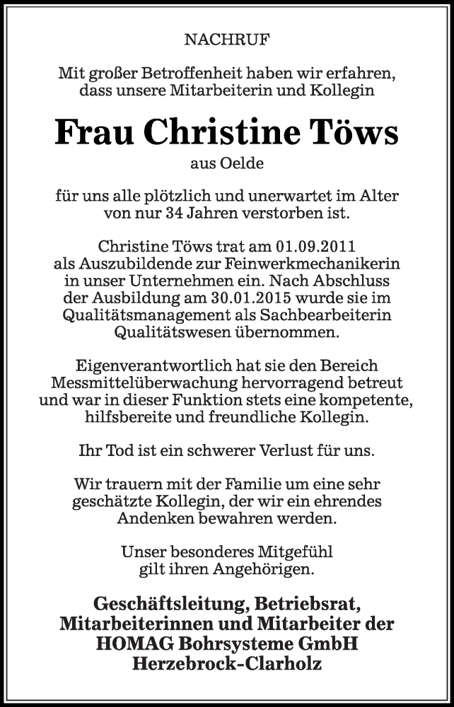  Traueranzeige für Christine Töws vom 19.08.2023 aus Die Glocke