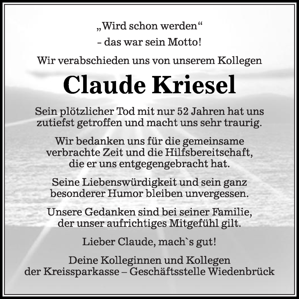 Traueranzeigen von Claude Kriesel | trauer.die-glocke.de