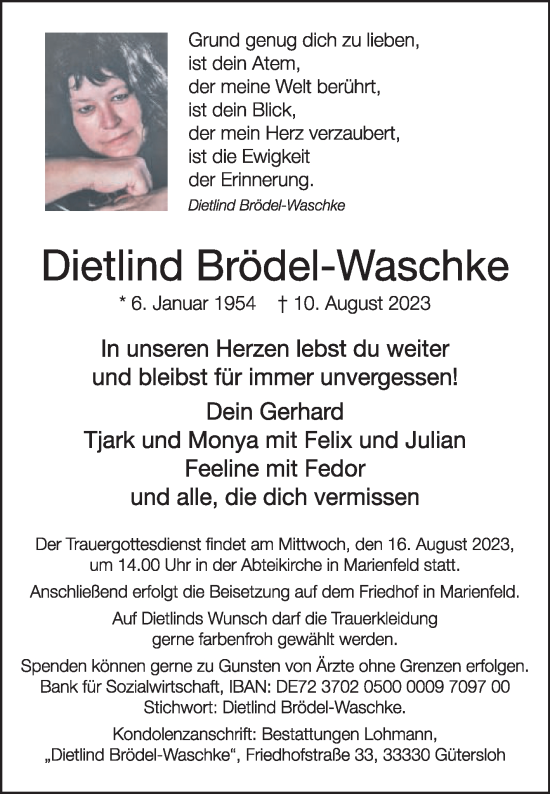 Traueranzeige von Dietlind Brödel-Waschke von Die Glocke