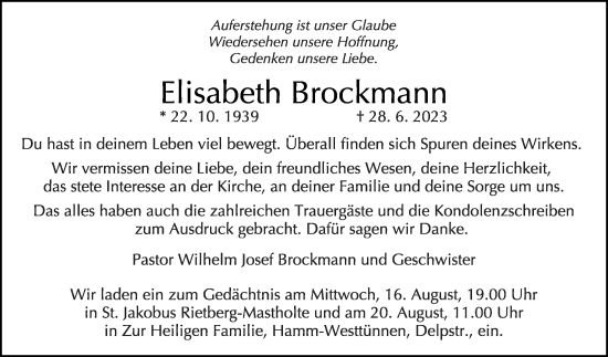 Traueranzeige von Elisabeth Brockmann von Die Glocke