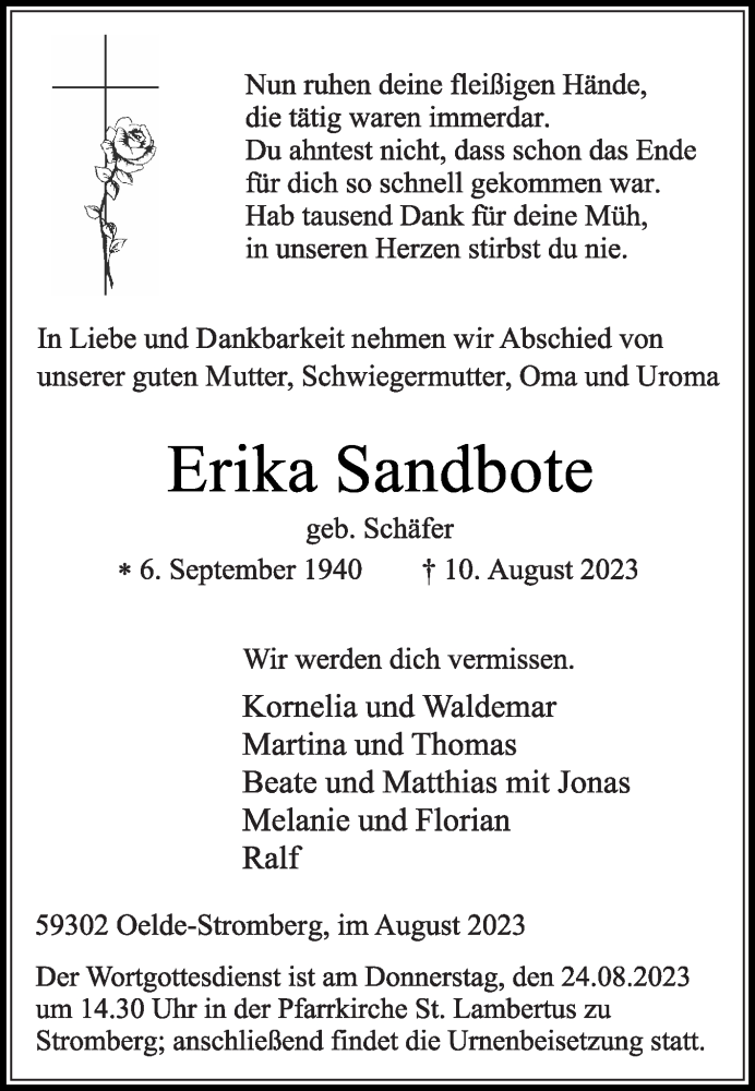  Traueranzeige für Erika Sandbote vom 19.08.2023 aus Die Glocke