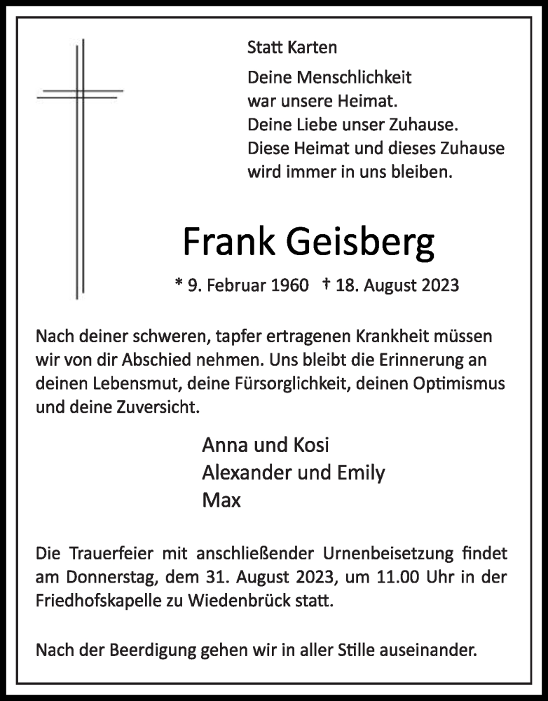  Traueranzeige für Frank Geisberg vom 26.08.2023 aus Die Glocke