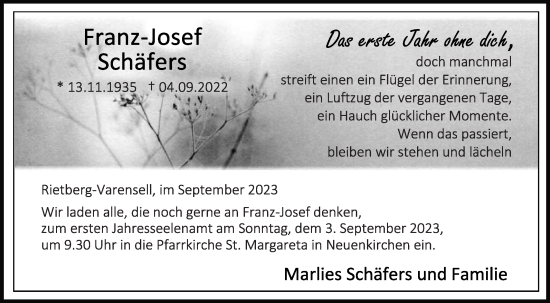 Traueranzeige von Franz-Josef Schäfers von Die Glocke