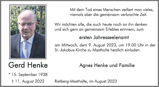 Traueranzeige von Gerd Henke von Die Glocke