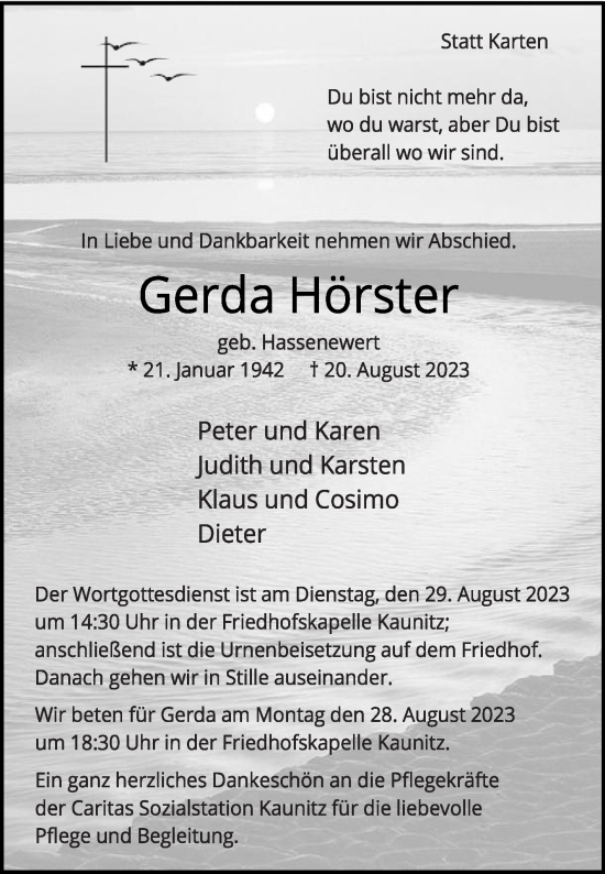 Traueranzeige von Gerda Hörster von Die Glocke