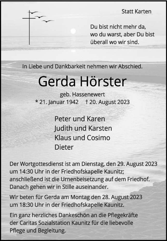  Traueranzeige für Gerda Hörster vom 23.08.2023 aus Die Glocke