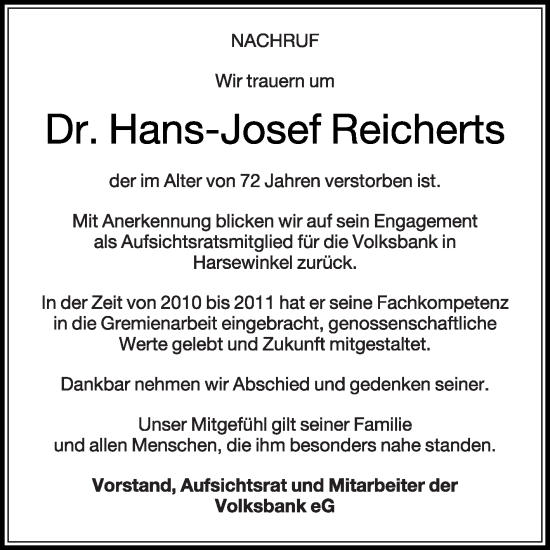 Traueranzeige von Hans-Josef Reicherts von Die Glocke