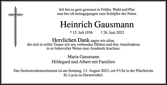 Traueranzeige von Heinrich Gausmann von Die Glocke
