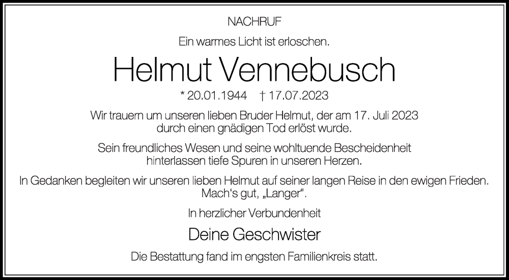  Traueranzeige für Helmut Vennebusch vom 05.08.2023 aus Die Glocke