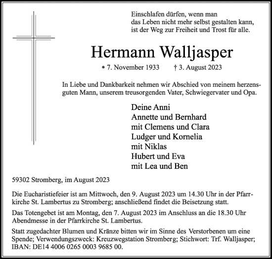 Traueranzeige von Hermann Walljasper von Die Glocke