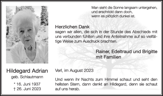 Traueranzeige von Hildegard Adrian von Die Glocke