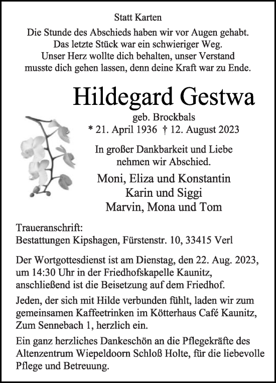 Traueranzeige von Hildegard Gestwa von Die Glocke