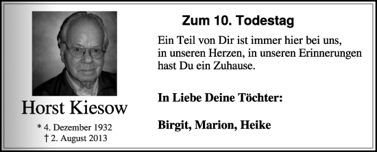 Traueranzeige von Horst Kiesow von Die Glocke