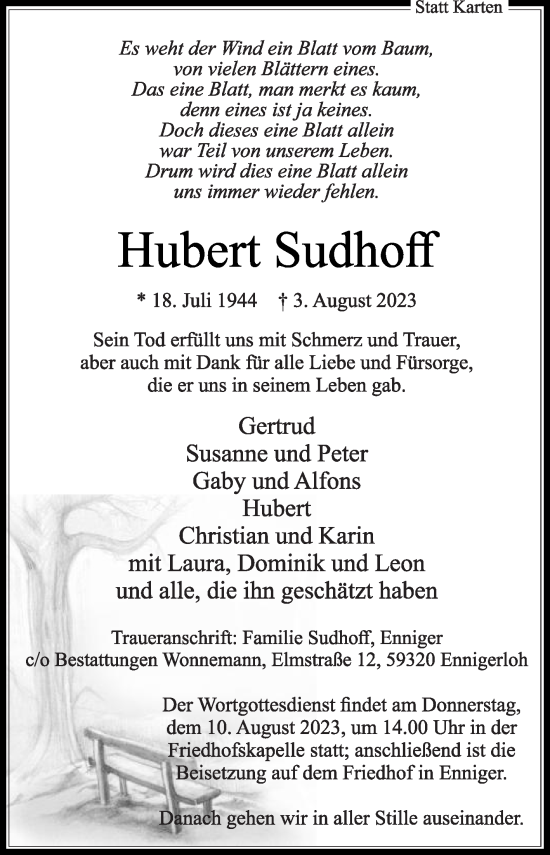 Traueranzeige von Hubert Sudhoff von Die Glocke