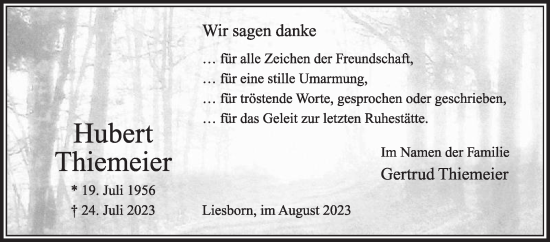 Traueranzeige von Hubert Thiemeier von Die Glocke