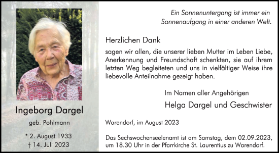 Traueranzeige von Ingeborg Dargel von Die Glocke