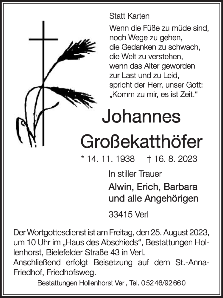  Traueranzeige für Johannes Großekatthöfer vom 19.08.2023 aus Die Glocke