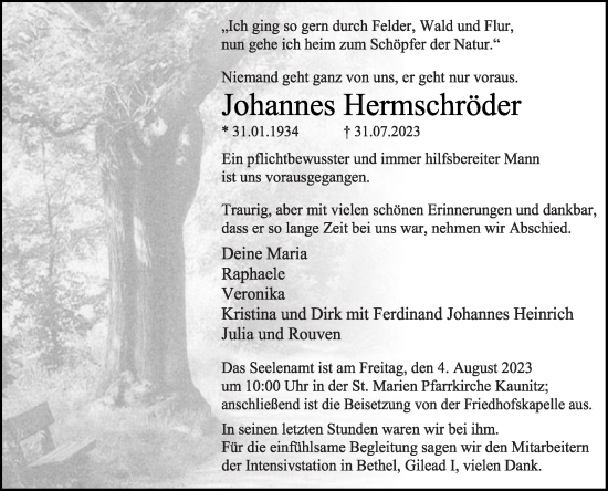 Traueranzeige von Johannes Hermschröder von Die Glocke