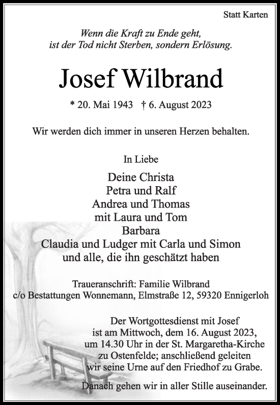 Traueranzeige von Josef Wilbrand von Die Glocke