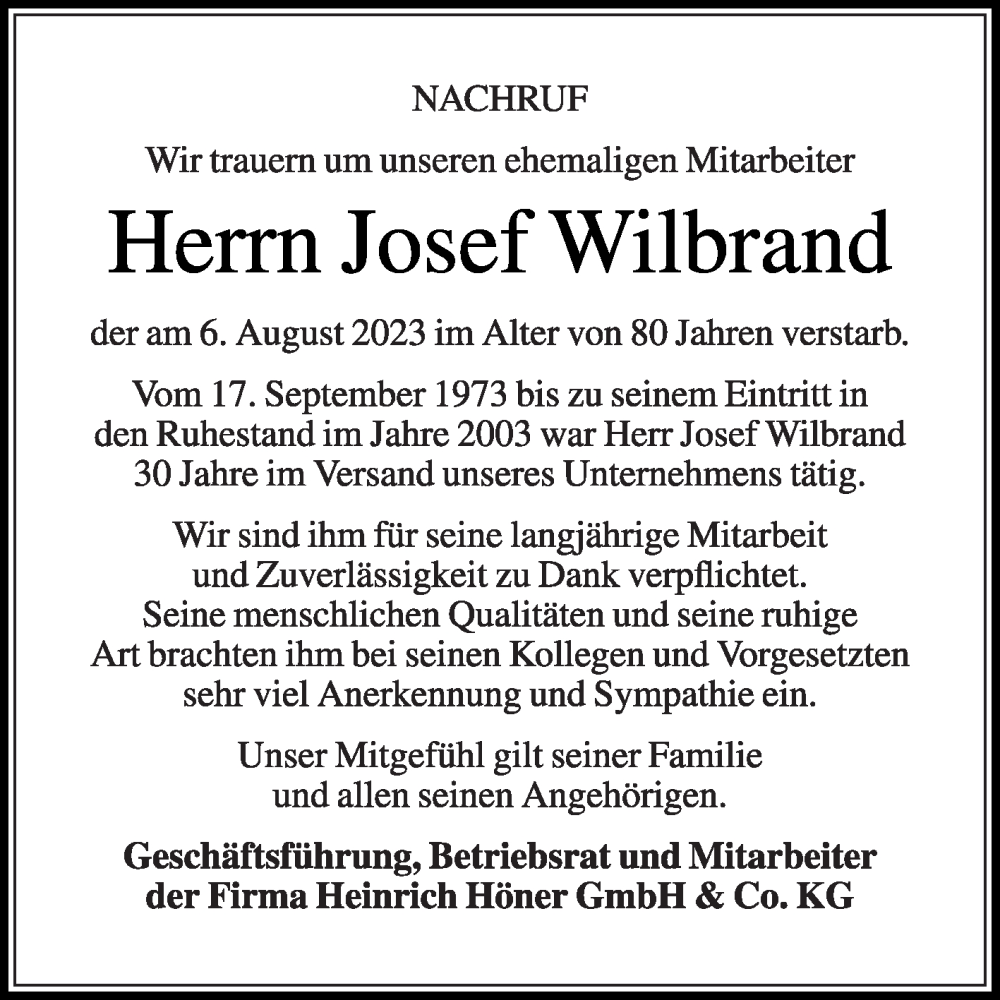  Traueranzeige für Josef Wilbrand vom 12.08.2023 aus Die Glocke