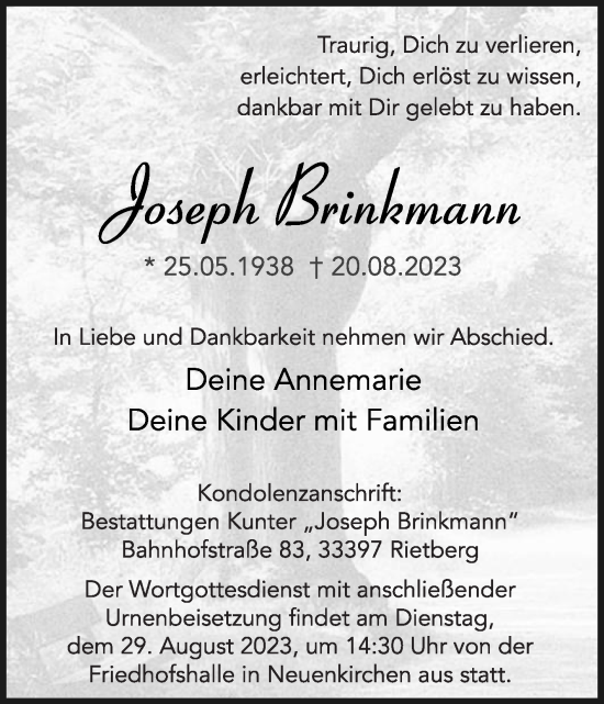 Traueranzeige von Joseph Brinkmann von Die Glocke