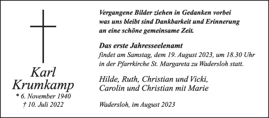 Traueranzeige von Karl Krumkamp von Die Glocke