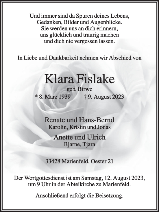 Traueranzeige von Klara Fislake von Die Glocke