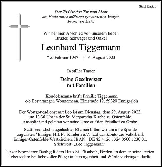 Traueranzeige von Leonhard Tiggemann von Die Glocke