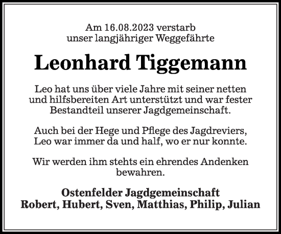 Traueranzeige von Leonhard Tiggemann von Die Glocke